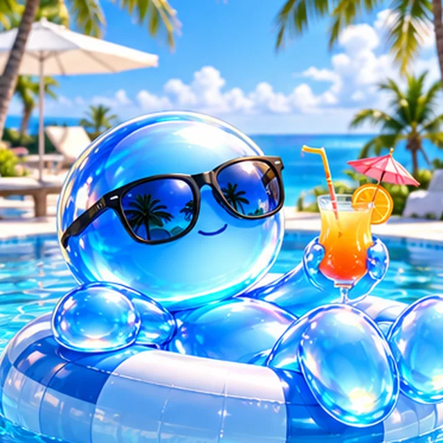 BUBBLE in sunglasses on a pool float