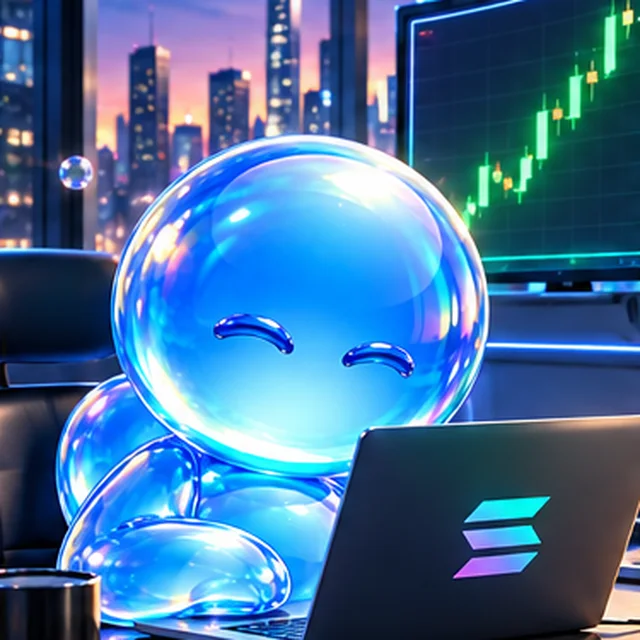 BUBBLE at a laptop watching a green chart
