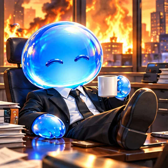 BUBBLE in a suit calmly sipping coffee while the office burns