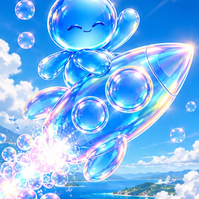 BUBBLE riding a rocket made of bubbles